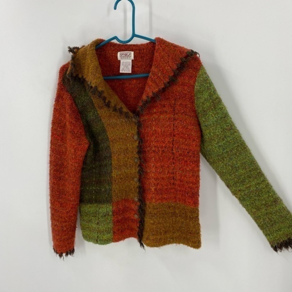 Vintage PBJ sport lightweight patchwork button front fringe cardigan M
